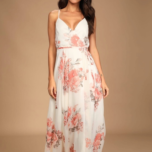 Lulus Dresses & Skirts - Lulus Elegantly Inclined Cream Floral Print Wrap Maxi Dress